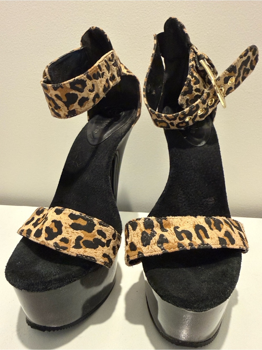 Pleaser Leopard Print Ankle-Strap Platform Heels - Black & Tan